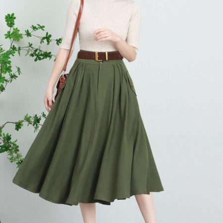 Army Green High-Waisted Vintage A-Line Skirt