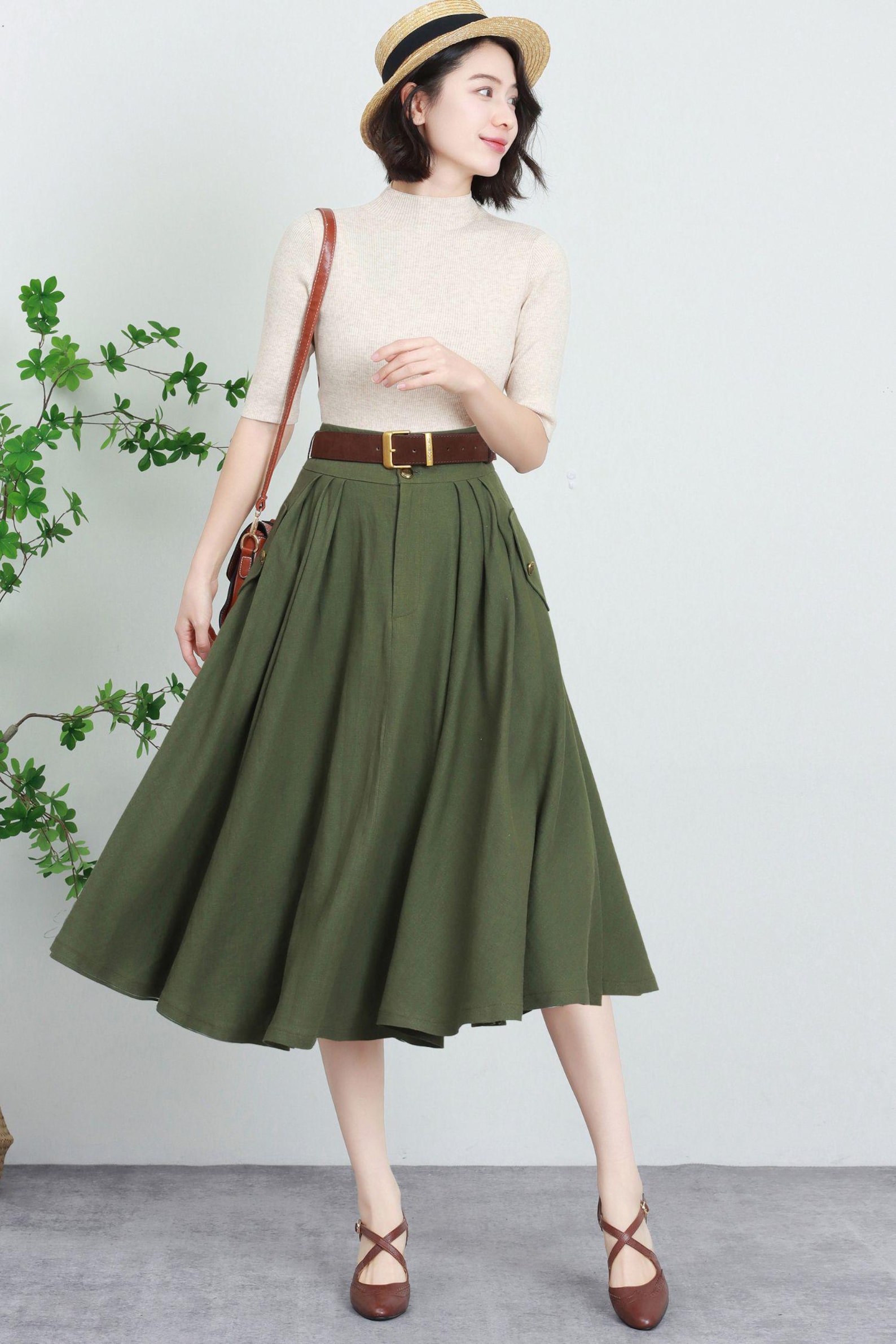 Army Green High-Waisted Vintage A-Line Skirt