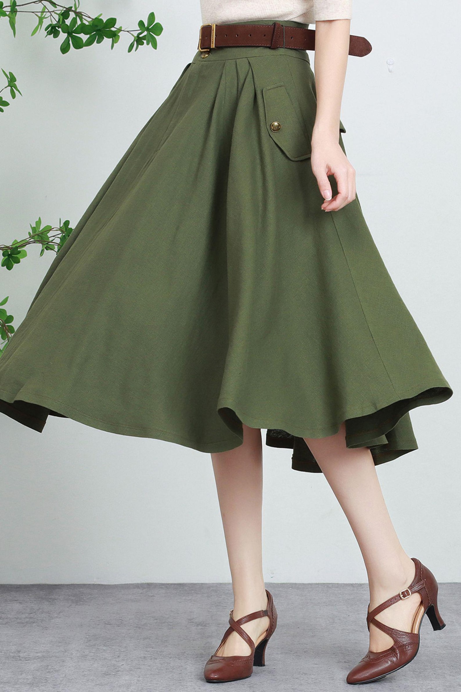 Army Green High-Waisted Vintage A-Line Skirt