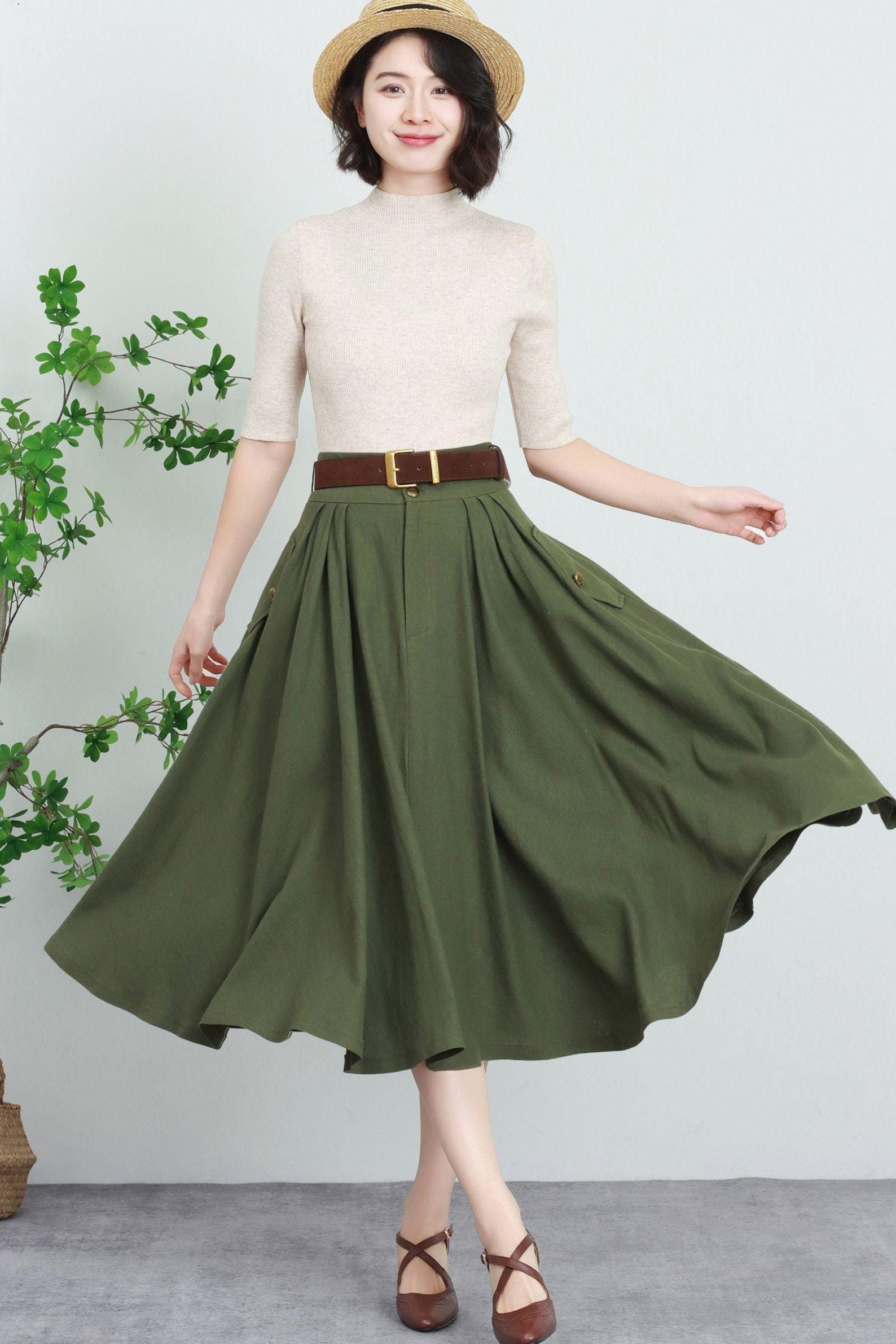 Army Green High-Waisted Vintage A-Line Skirt