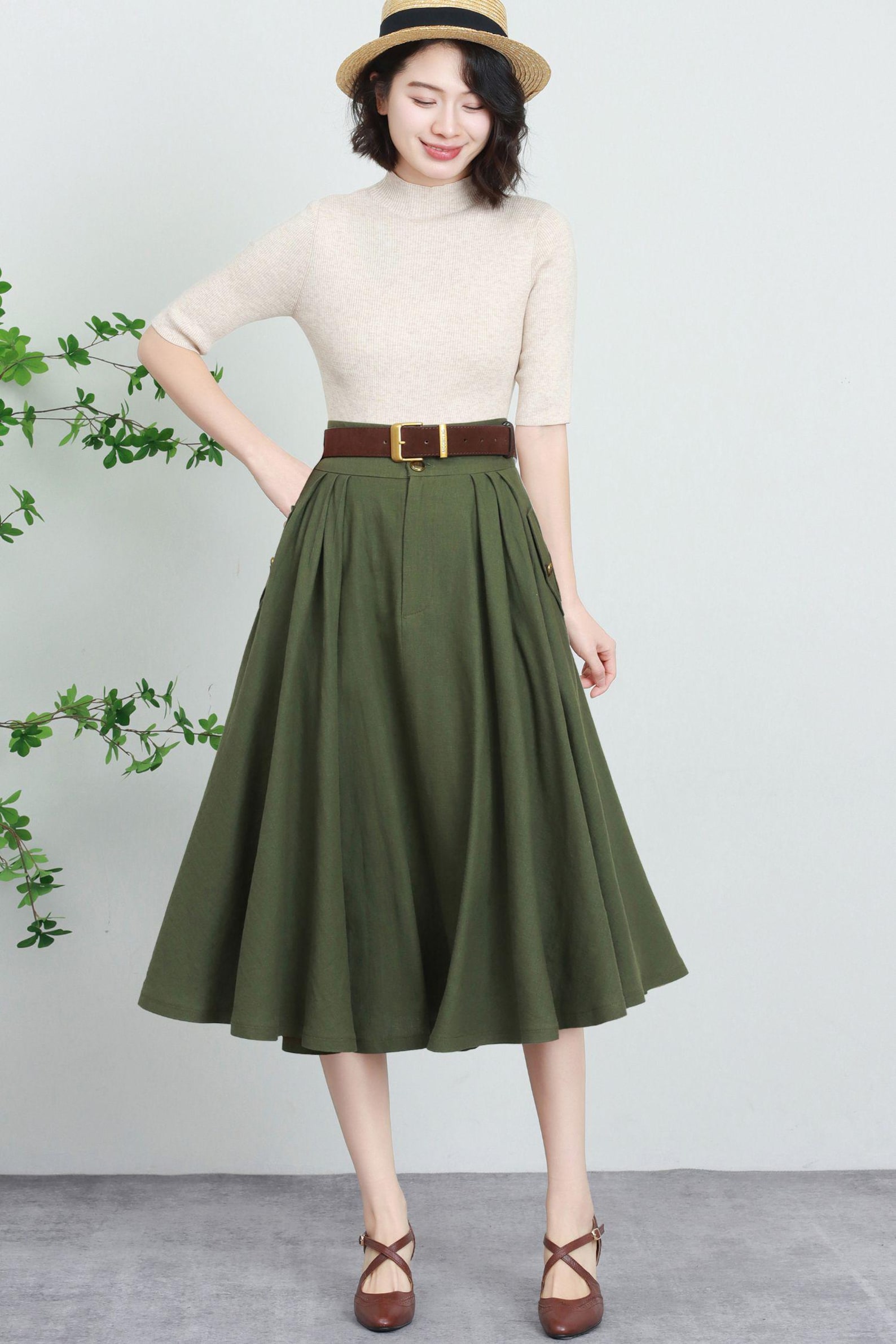 Army Green High-Waisted Vintage A-Line Skirt