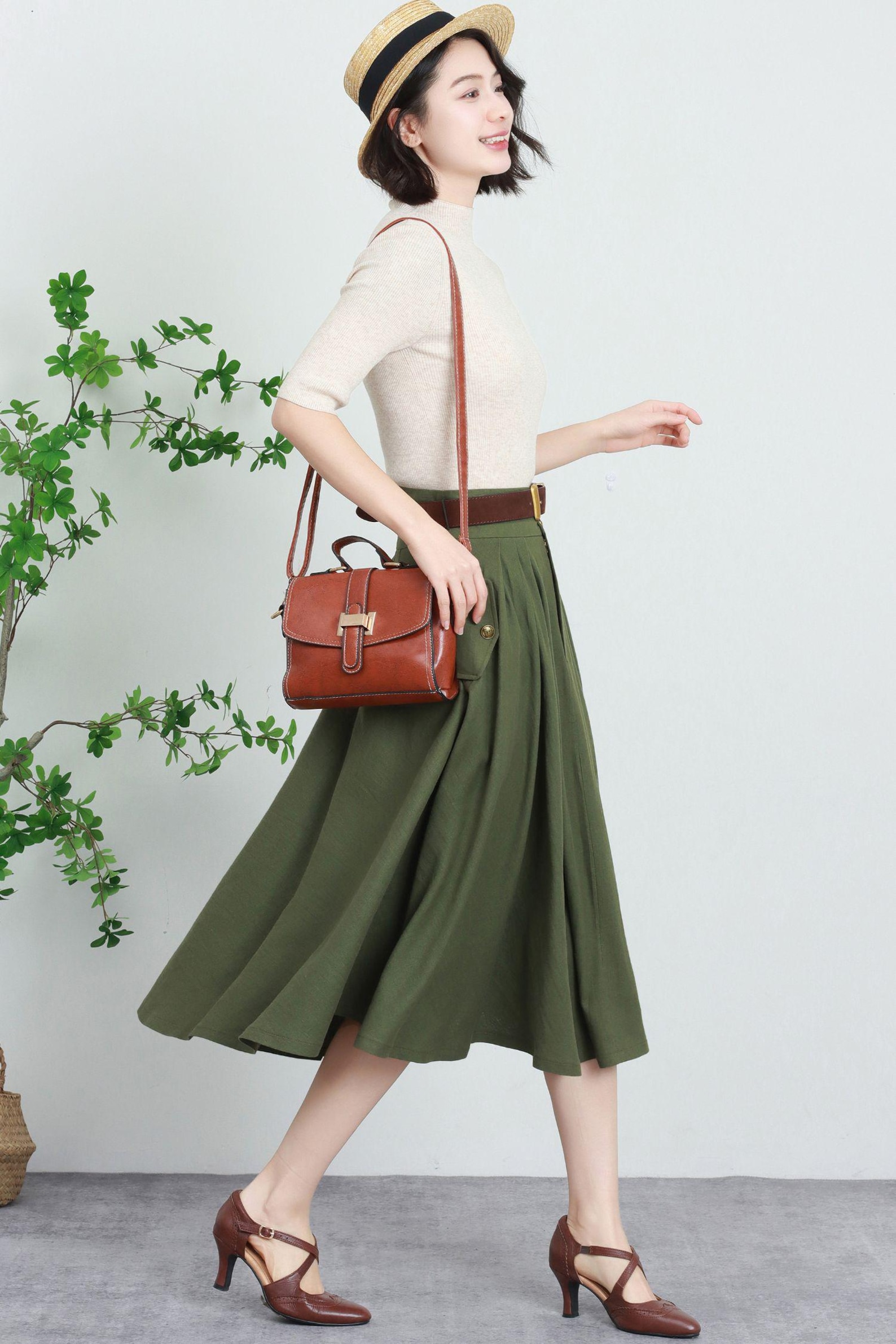 Army Green High-Waisted Vintage A-Line Skirt