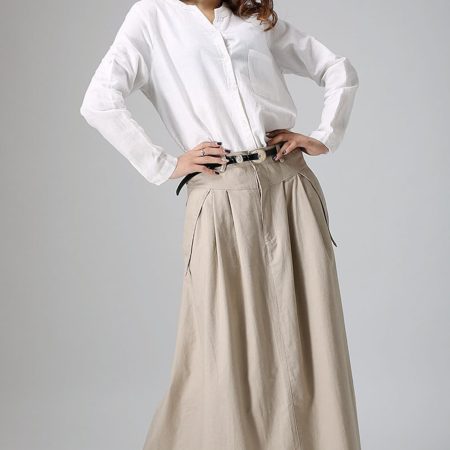 Beige High-Waisted Pleated Maxi A-Line Skirt