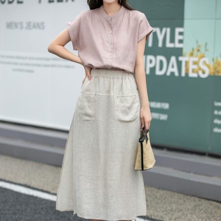 Beige Linen Blend Midi Skirt with Pockets and Side Slits
