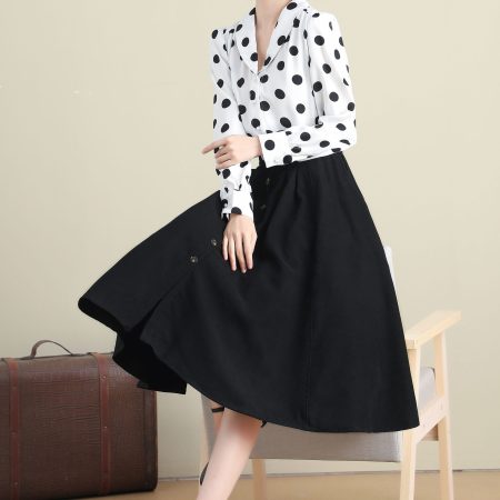 Black High-Waisted Button-Front Midi A-Line Skirt