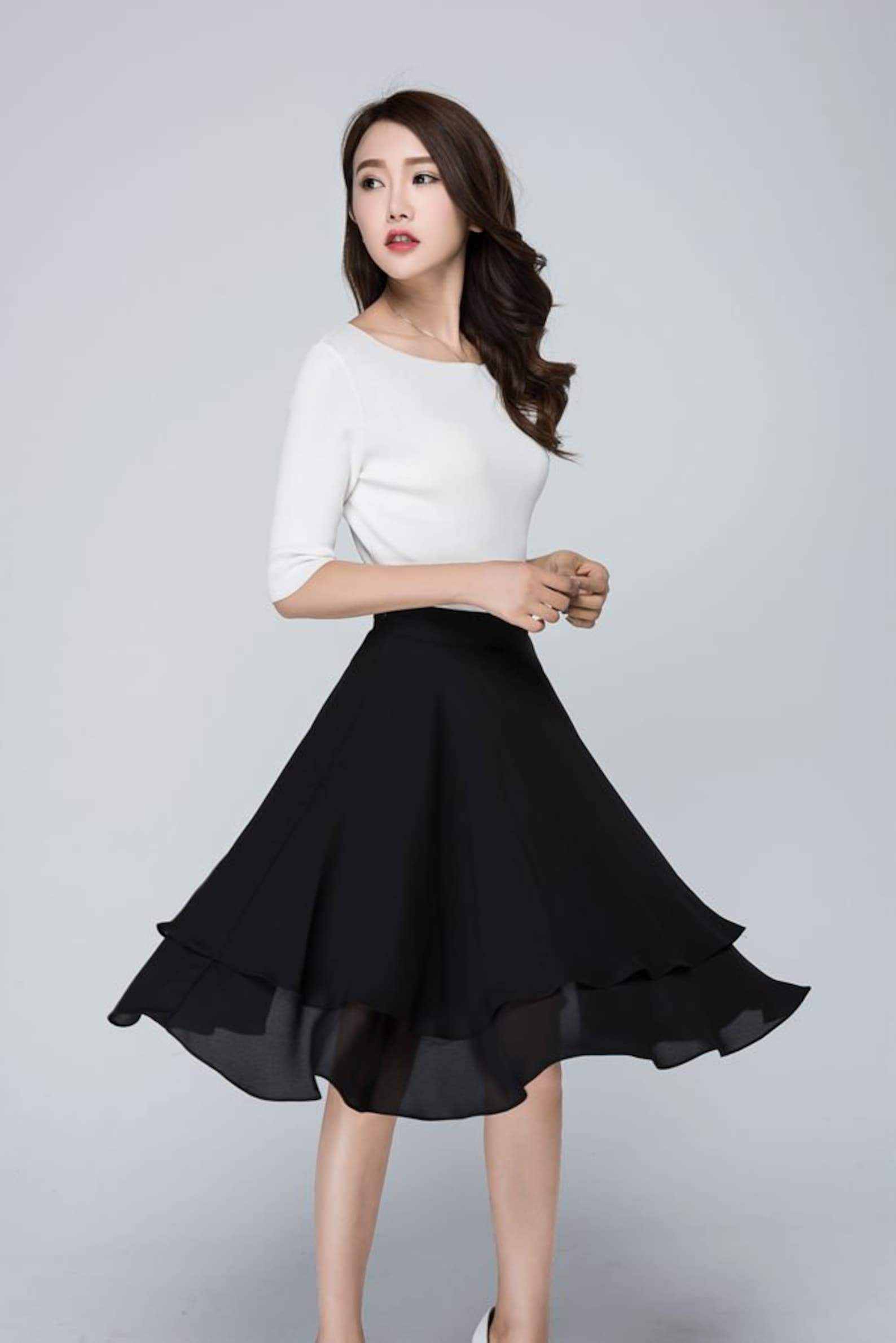 Black High-Waisted Layered Hem Midi Skirt