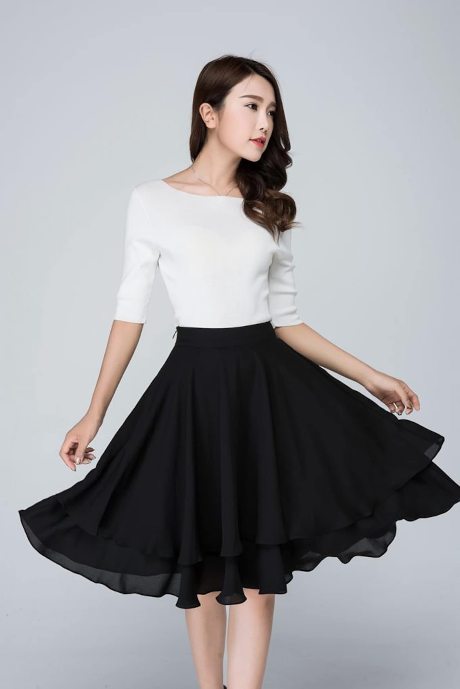 Black High-Waisted Layered Hem Midi Skirt