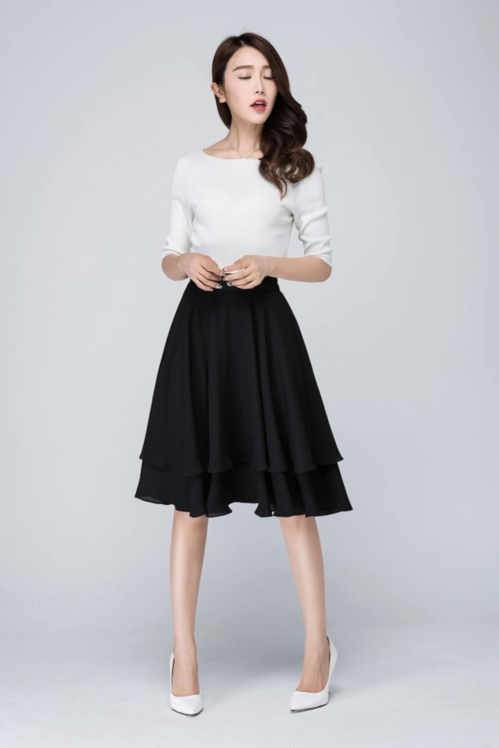 Black High-Waisted Layered Hem Midi Skirt