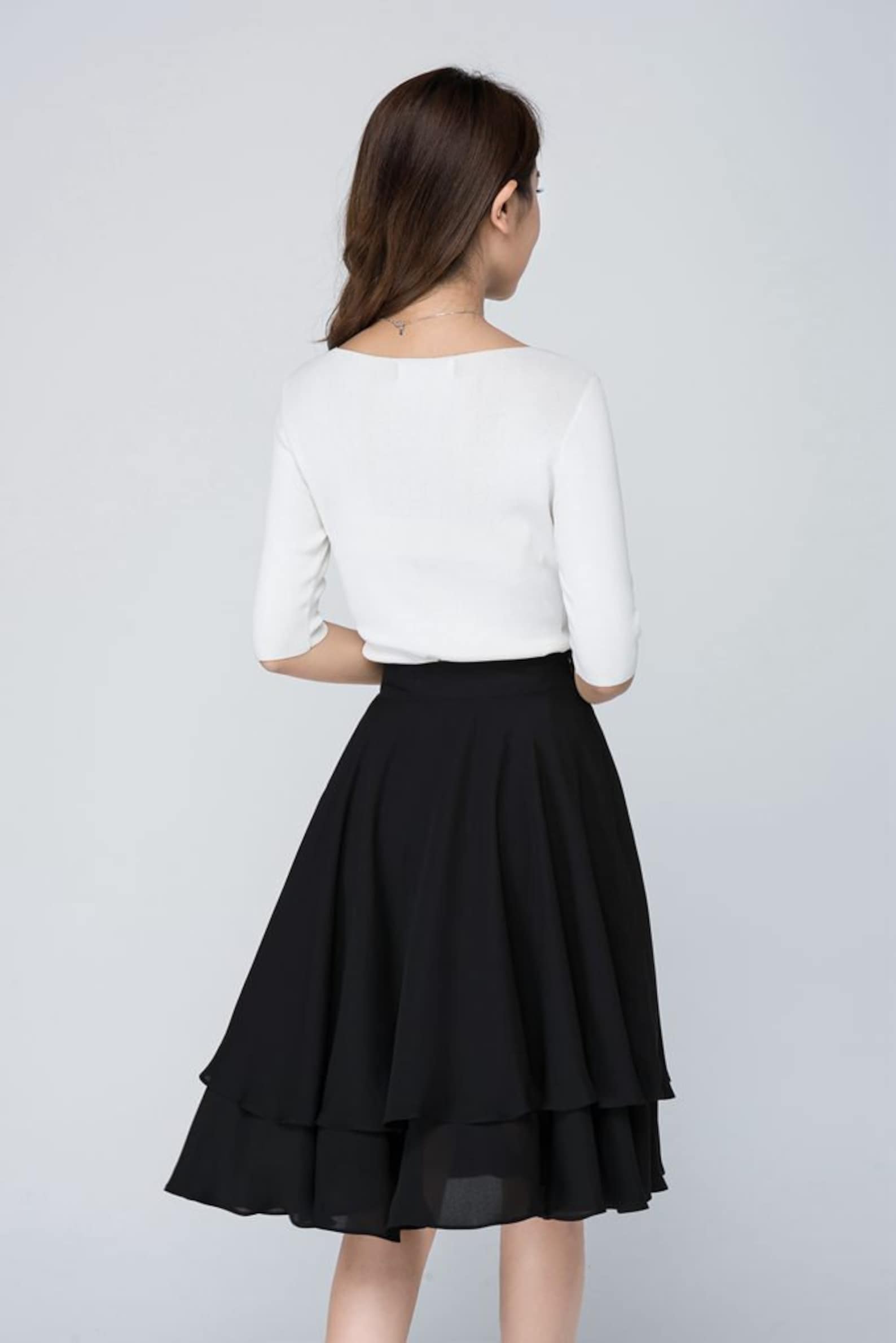 Black High-Waisted Layered Hem Midi Skirt
