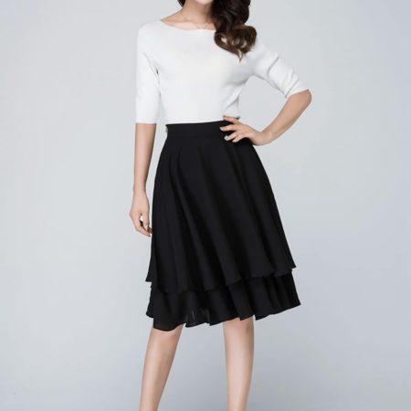 Black High-Waisted Layered Hem Midi Skirt