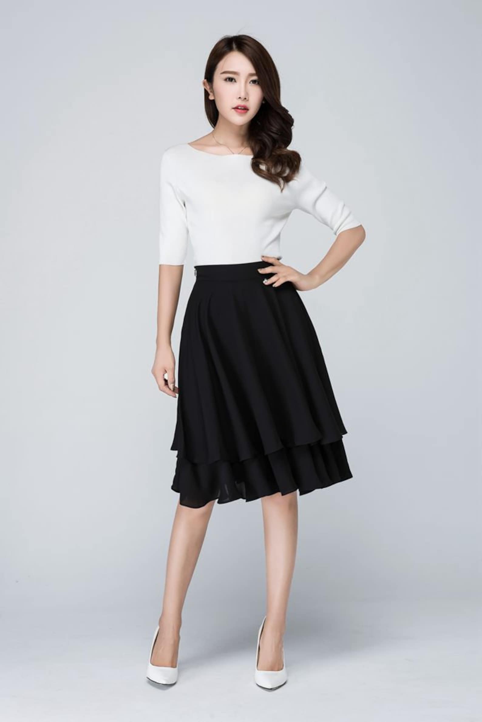 Black High-Waisted Layered Hem Midi Skirt