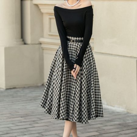 Black and White Plaid High-Waisted Midi A-Line Skirt