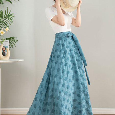 Blue Polka Dot Maxi Skirt with Waist Tie