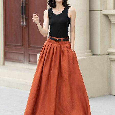 Brick Red High-Waisted Pleated Maxi A-Line Skirt