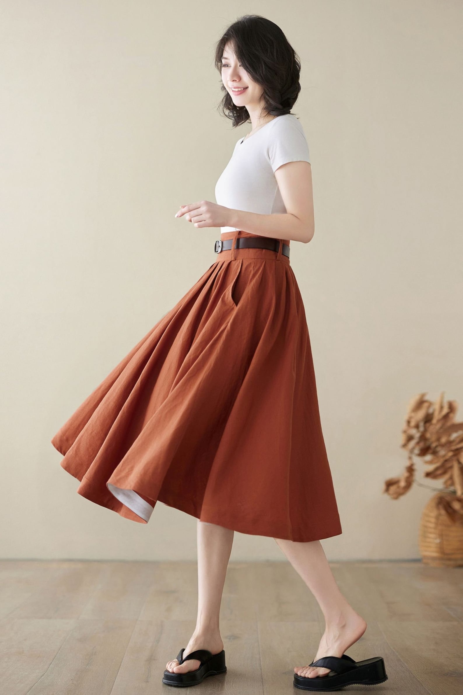Brick Red High-Waisted Vintage A-Line Skirt