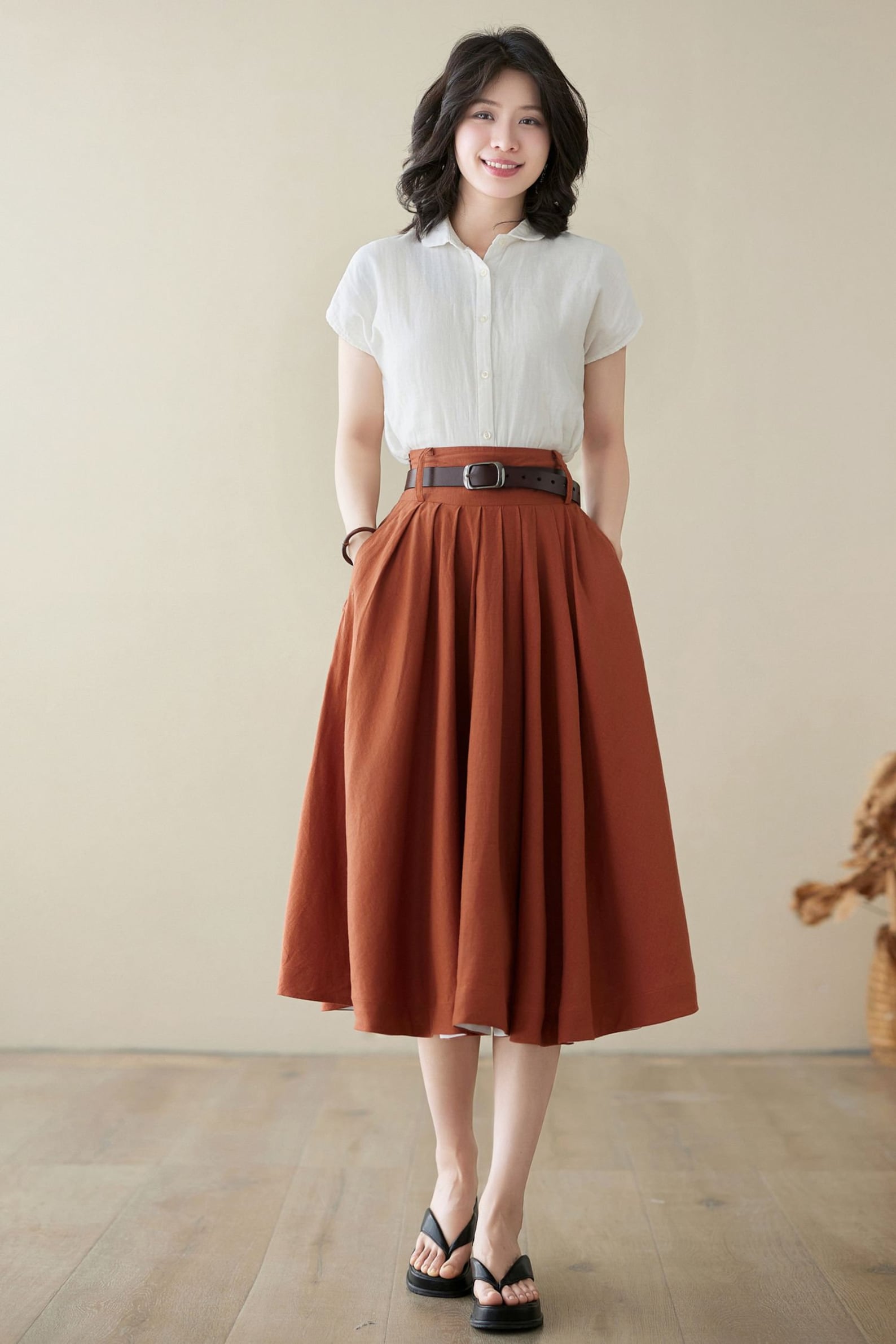 Brick Red High-Waisted Vintage A-Line Skirt