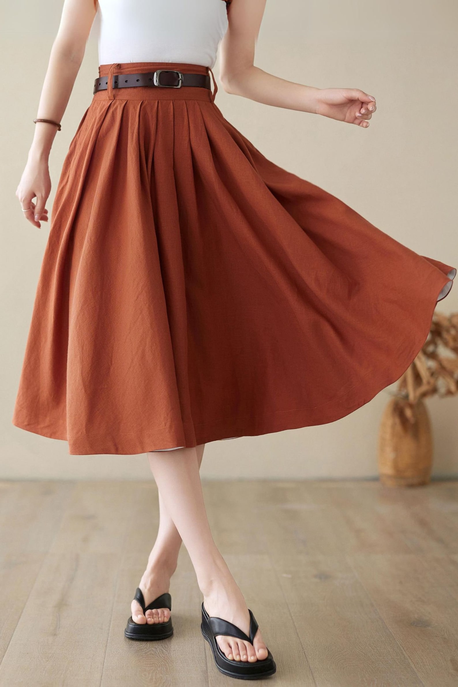 Brick Red High-Waisted Vintage A-Line Skirt