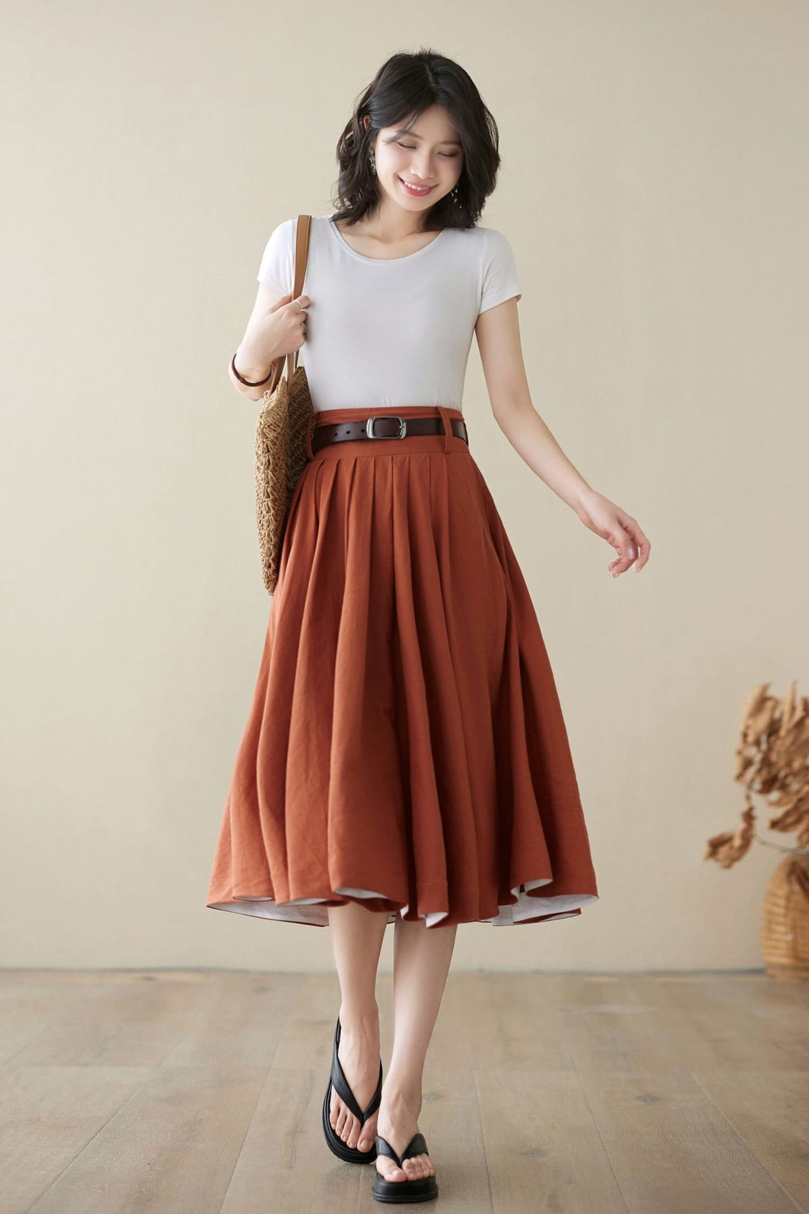 Brick Red High-Waisted Vintage A-Line Skirt