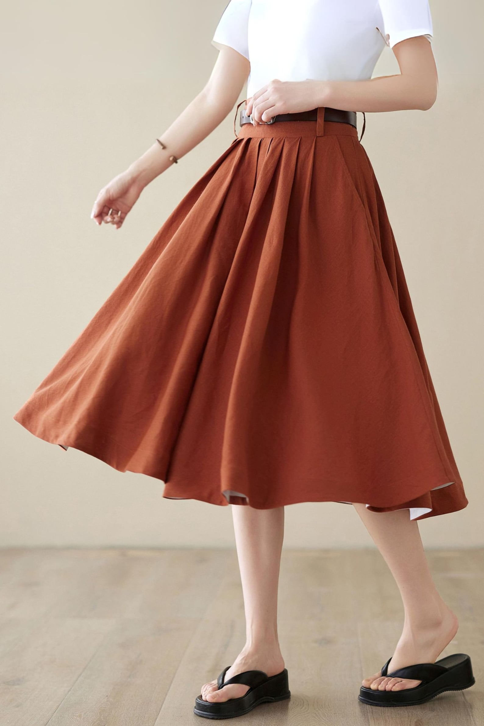 Brick Red High-Waisted Vintage A-Line Skirt