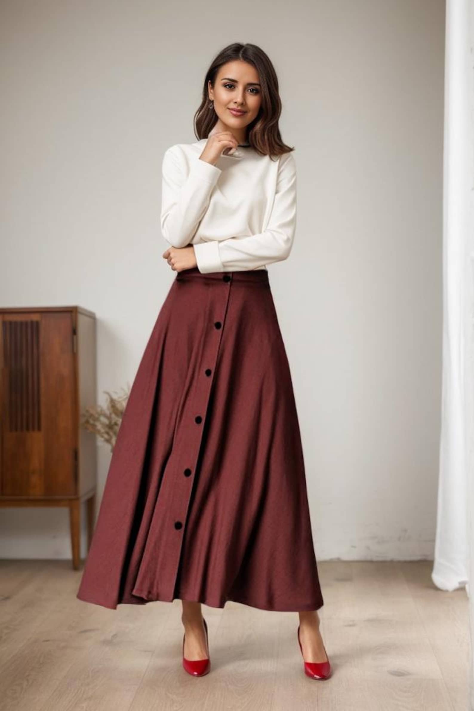Burgundy High-Waisted Button-Down A-Line Skirt