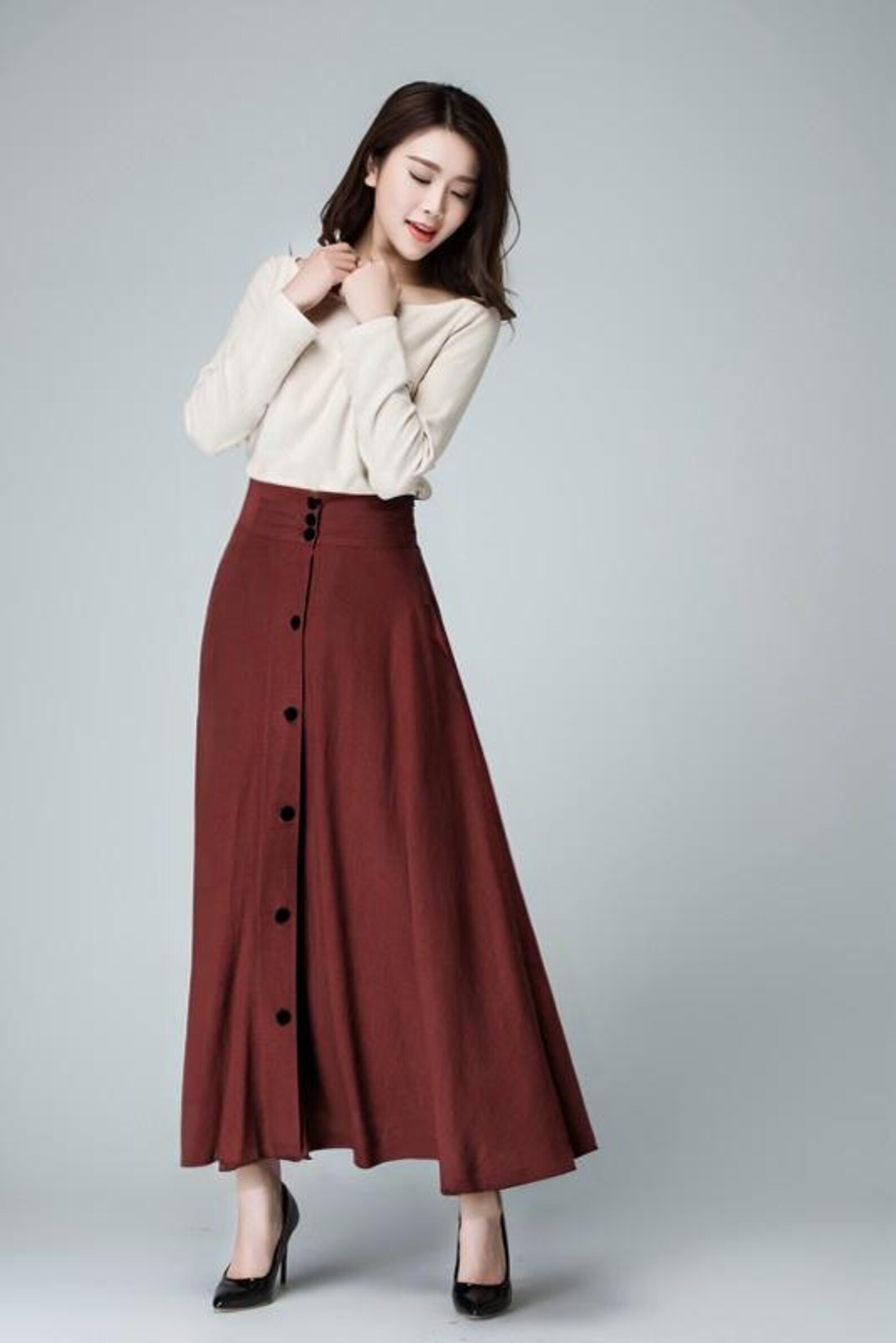 Burgundy High-Waisted Button-Down A-Line Skirt