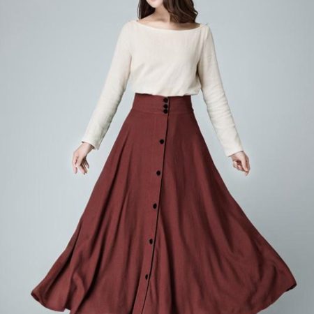Burgundy High-Waisted Button-Down A-Line Skirt
