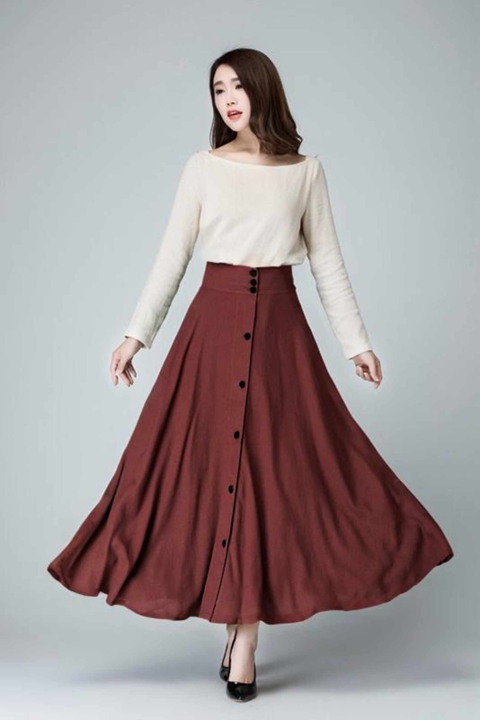 Burgundy High-Waisted Button-Down A-Line Skirt