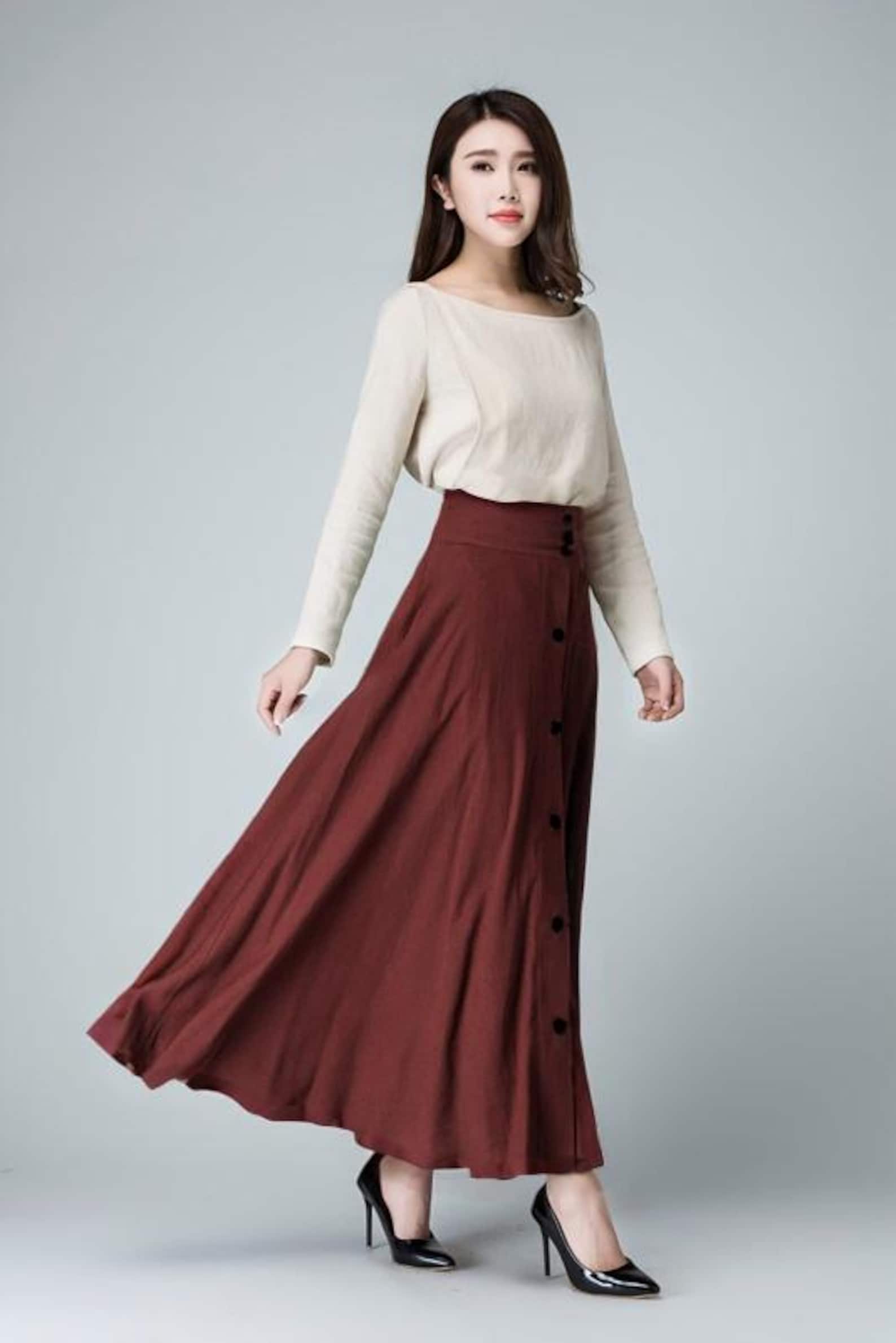 Burgundy High-Waisted Button-Down A-Line Skirt