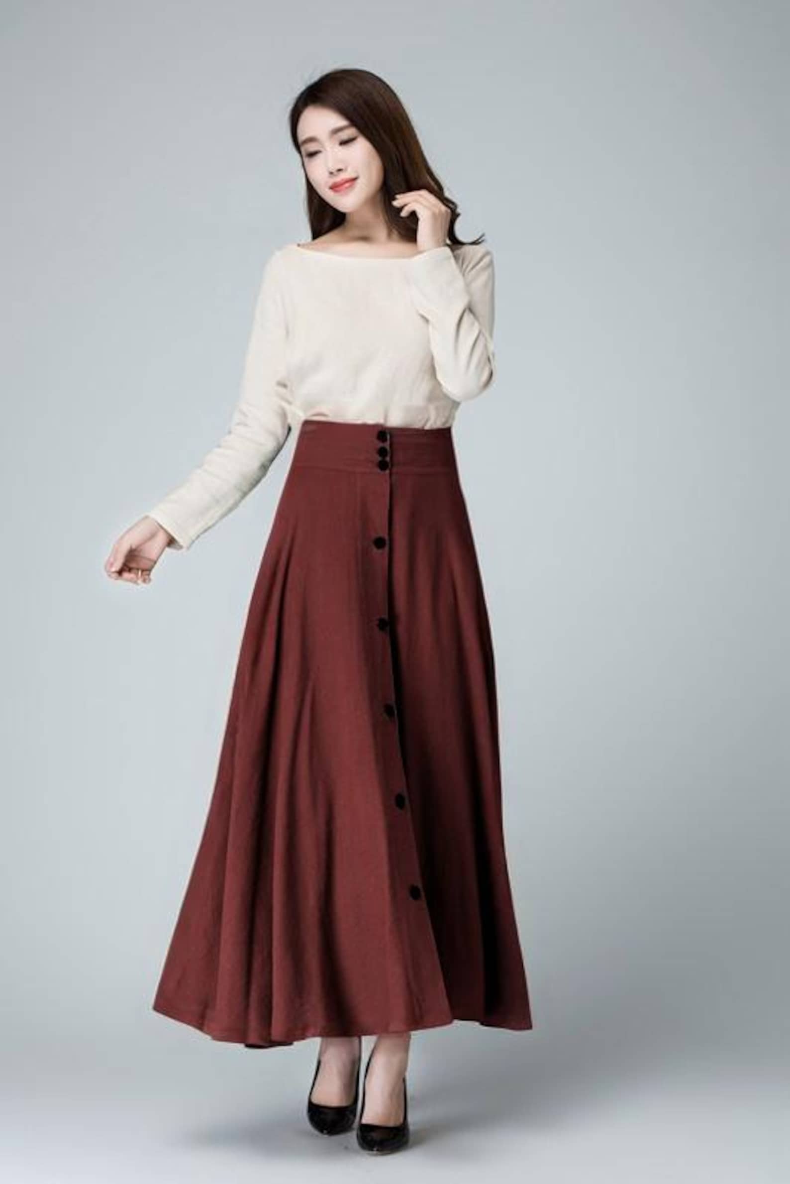 Burgundy High-Waisted Button-Down A-Line Skirt