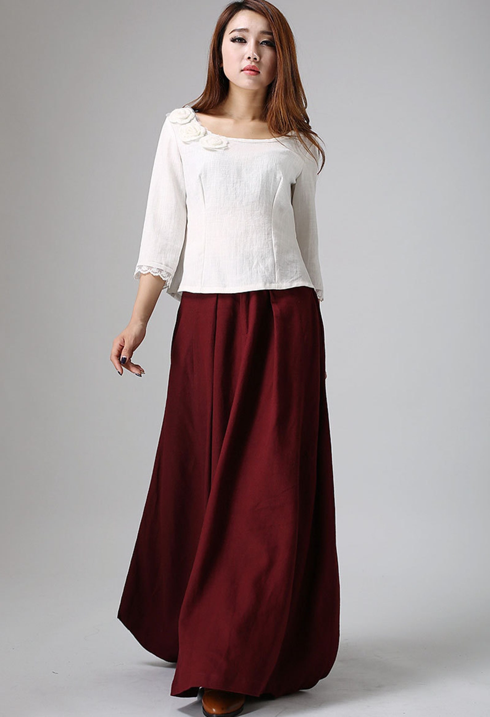 Burgundy high-waisted maxi A-line skirt