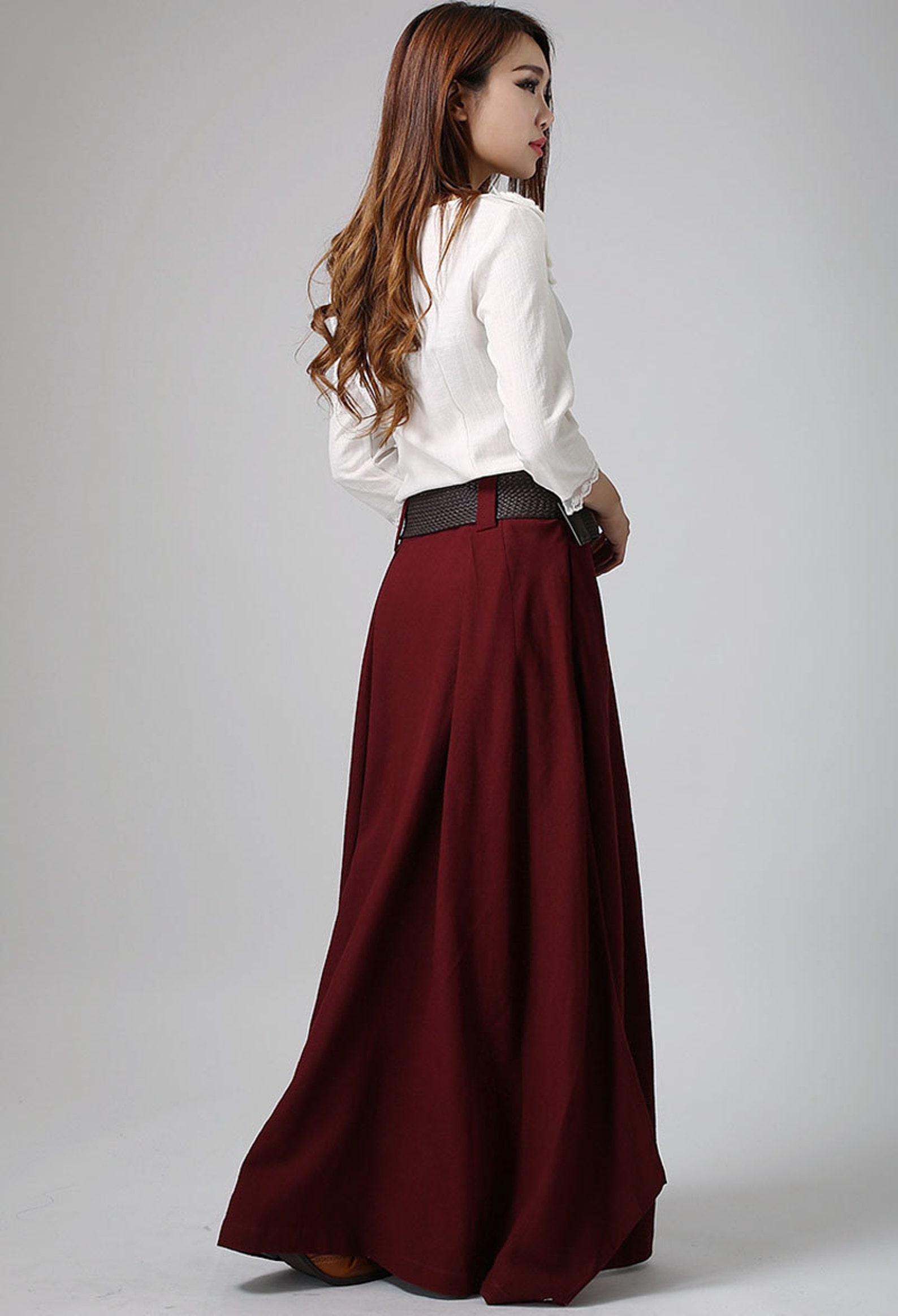 Burgundy high-waisted maxi A-line skirt