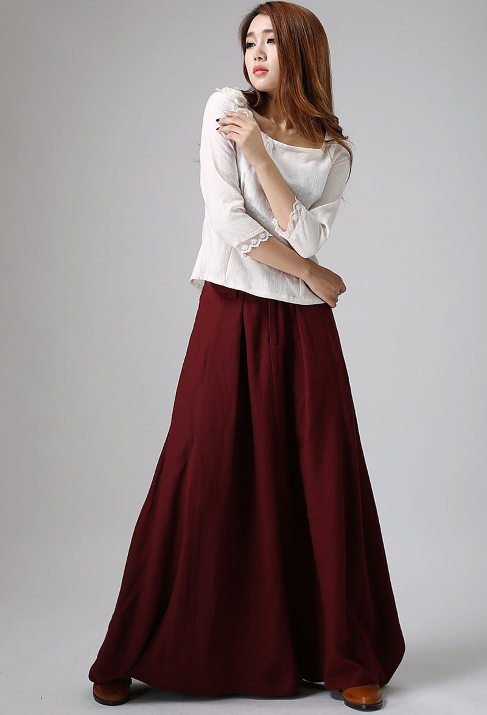 Burgundy high-waisted maxi A-line skirt