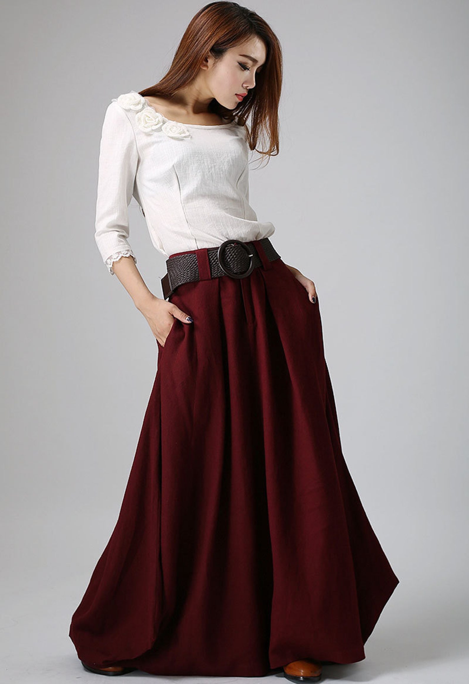 Burgundy high-waisted maxi A-line skirt