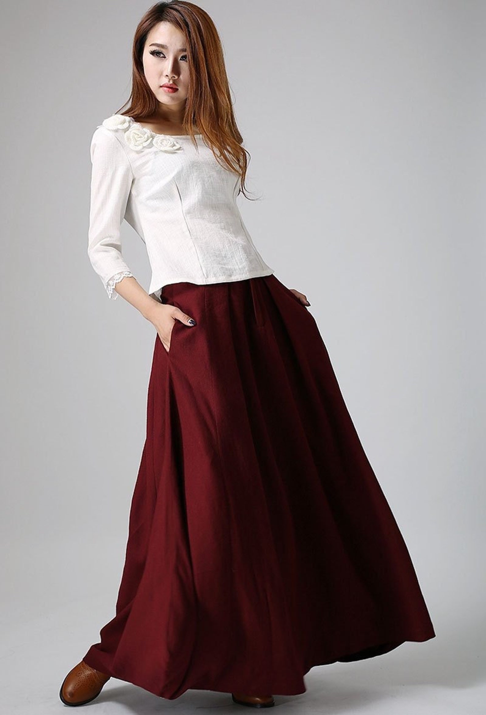 Burgundy high-waisted maxi A-line skirt