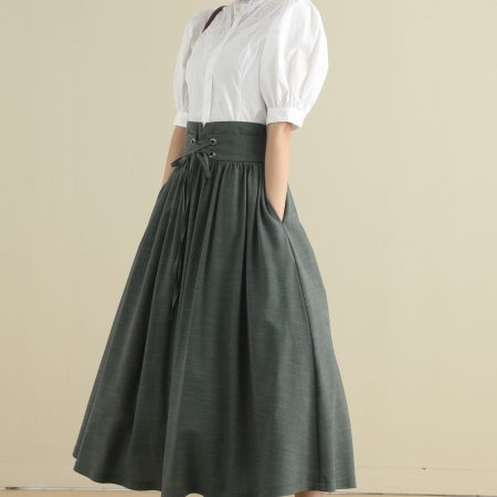 Dark Green High-Waisted Lace-Up Midi A-Line Skirt