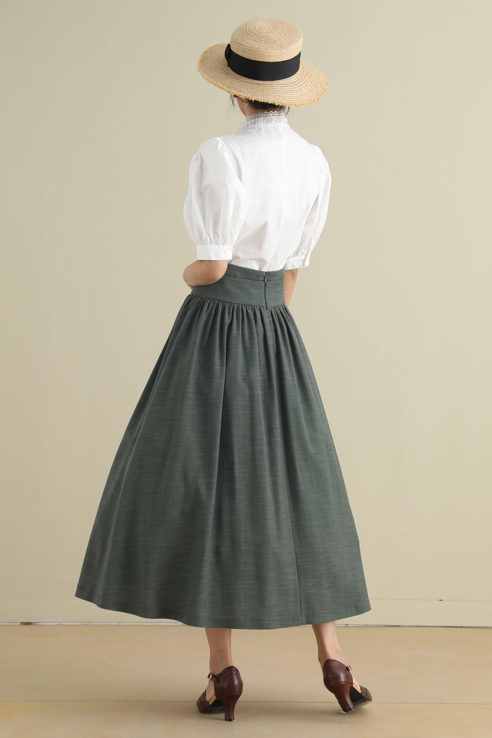 Dark Green High-Waisted Lace-Up Midi A-Line Skirt