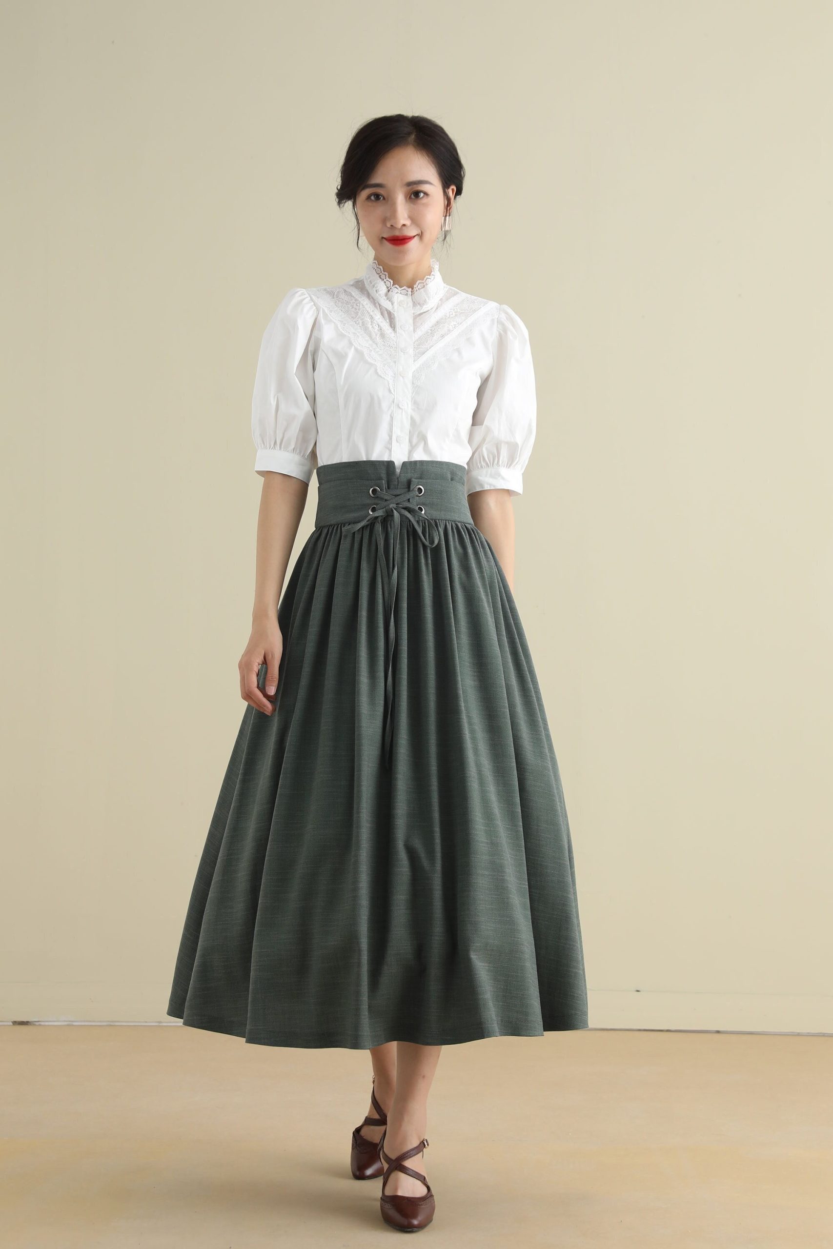 Dark Green High-Waisted Lace-Up Midi A-Line Skirt