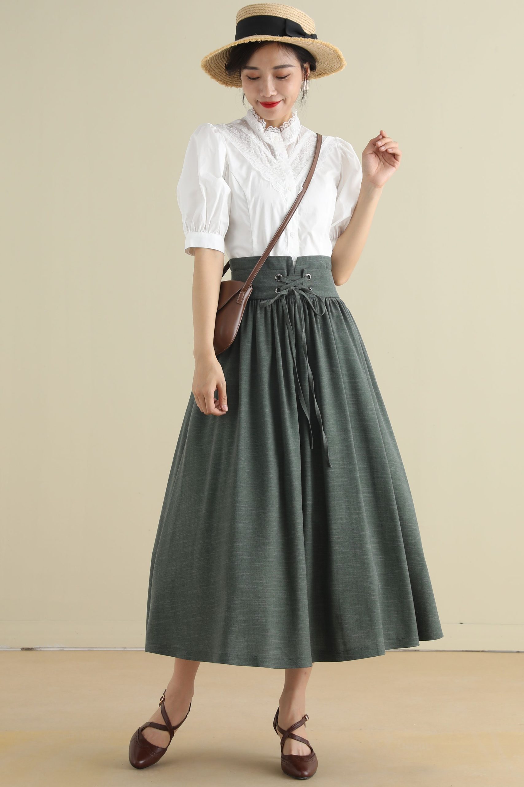 Dark Green High-Waisted Lace-Up Midi A-Line Skirt