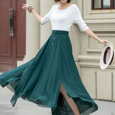 Dark green high waist chiffon front slit maxi skirt