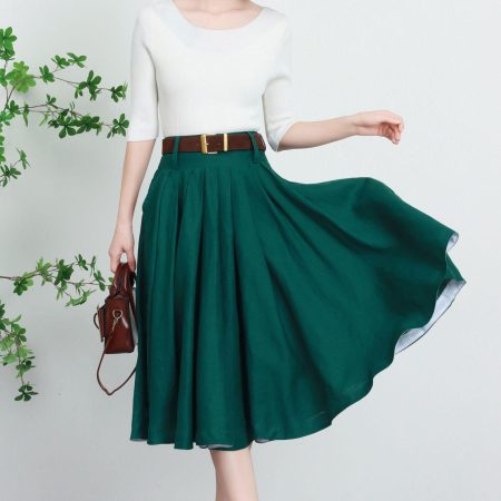 Emerald Green High-Waisted Pleated A-Line Skirt