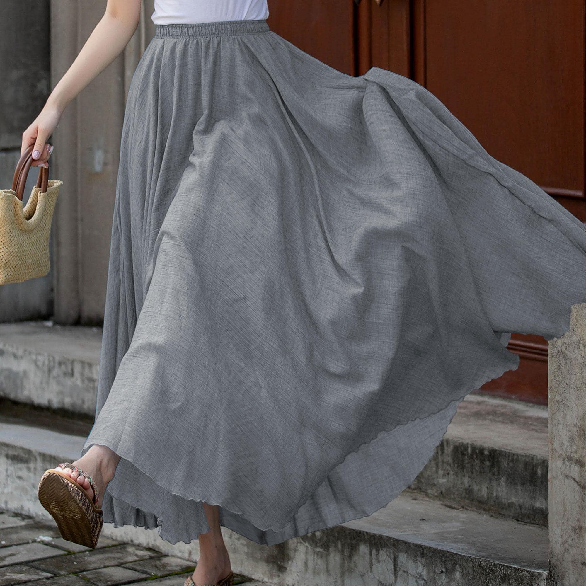 Gray High-Waisted Maxi Flowy A-Line Skirt