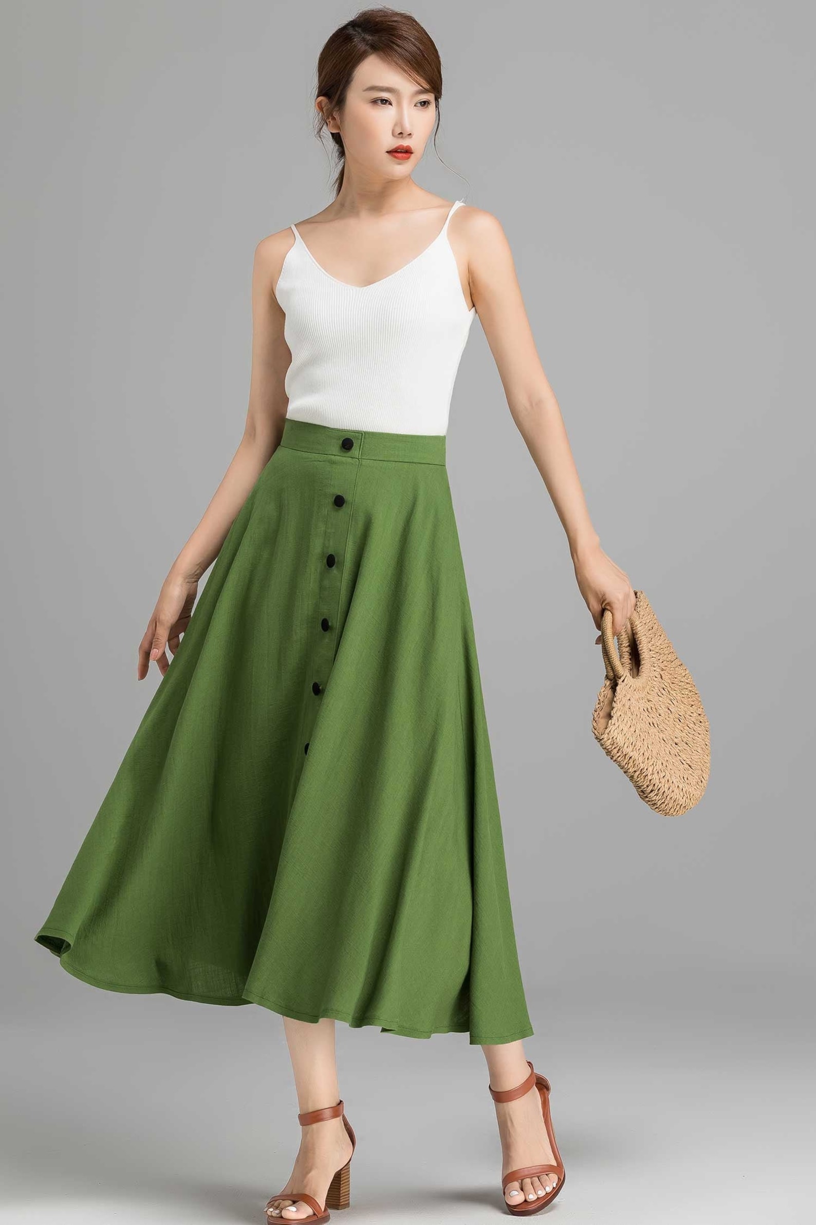 Green High-Waisted Button Midi A-Line Skirt