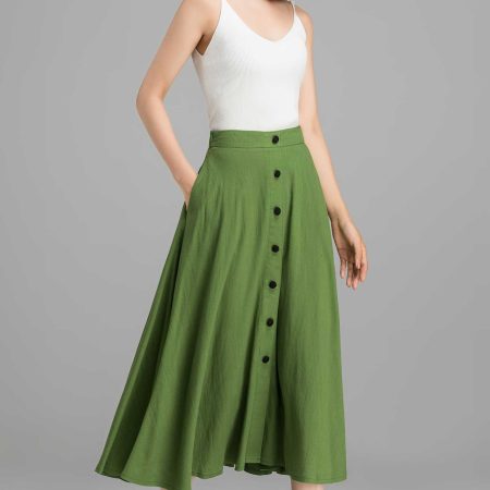 Green High-Waisted Button Midi A-Line Skirt