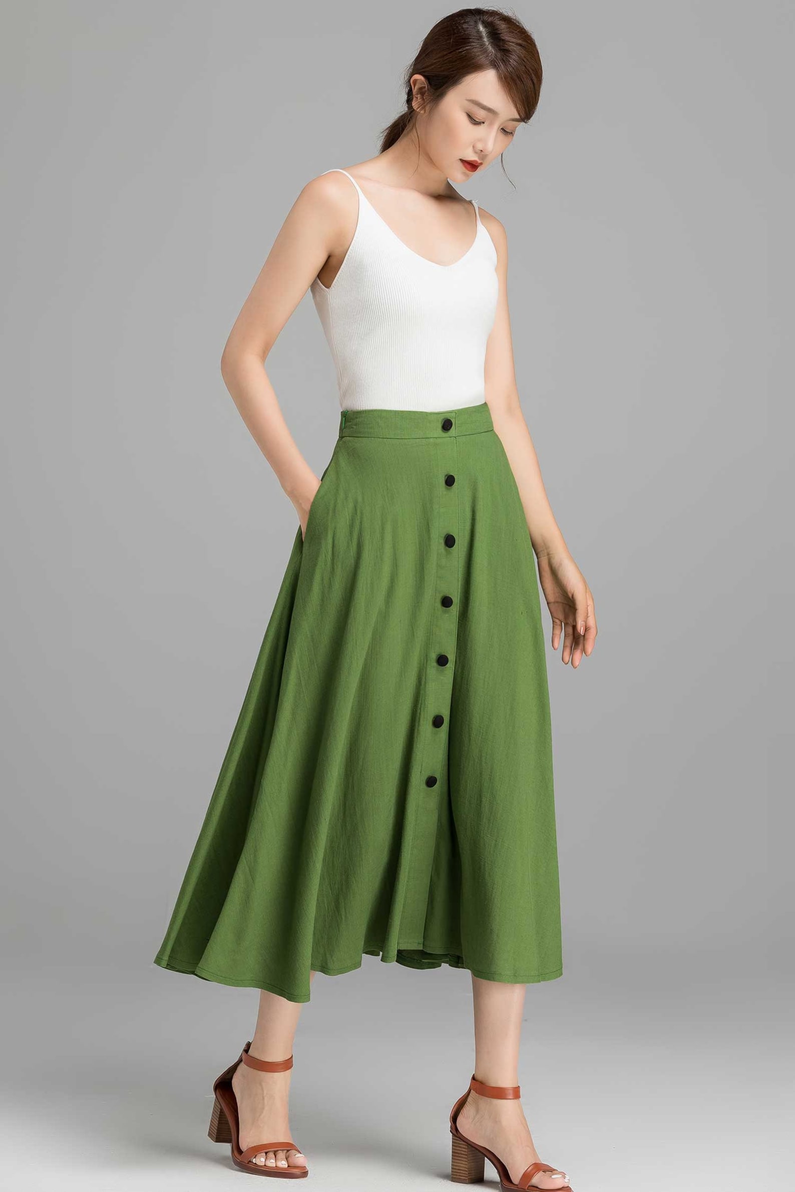 Green High-Waisted Button Midi A-Line Skirt