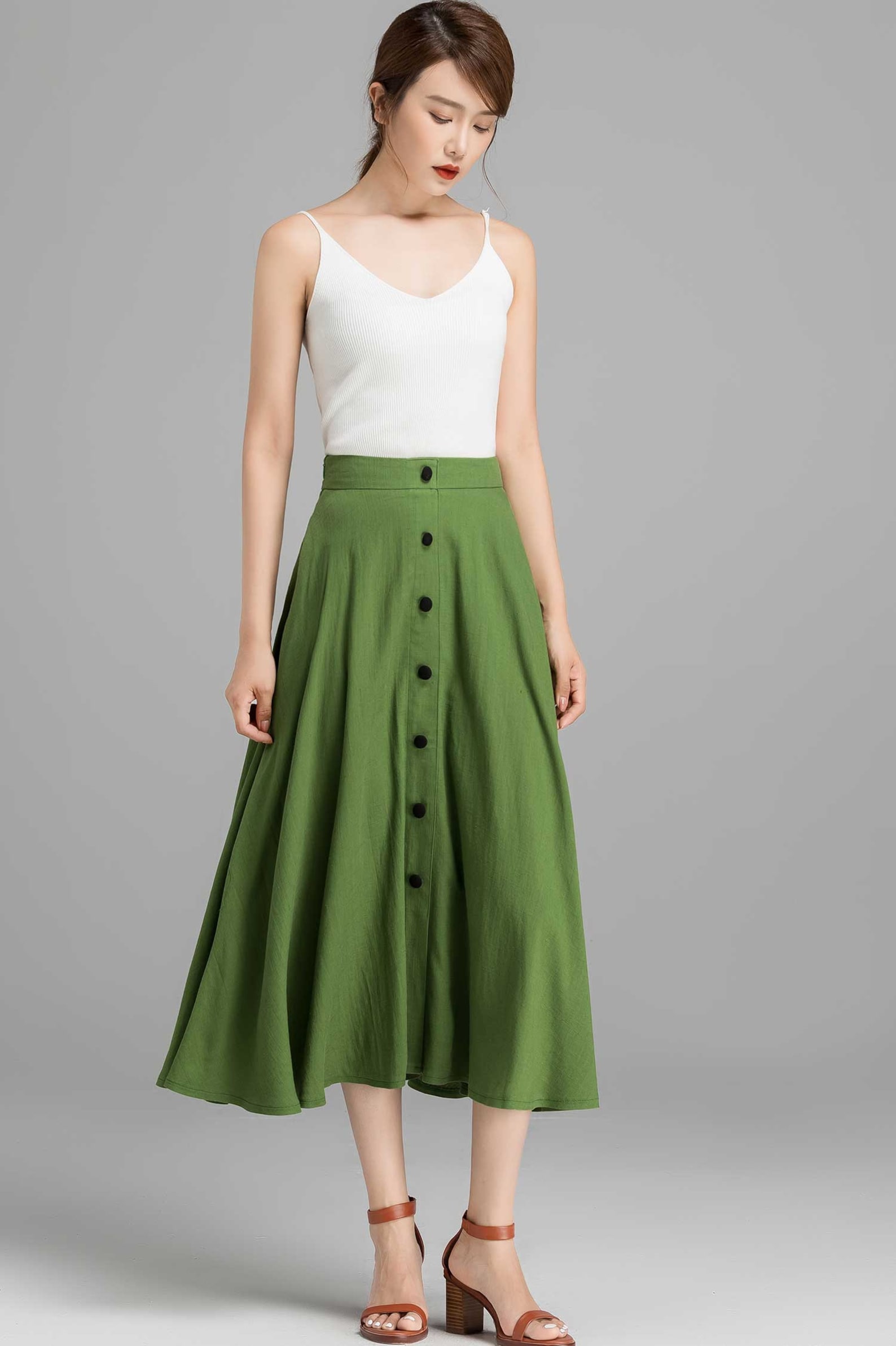 Green High-Waisted Button Midi A-Line Skirt