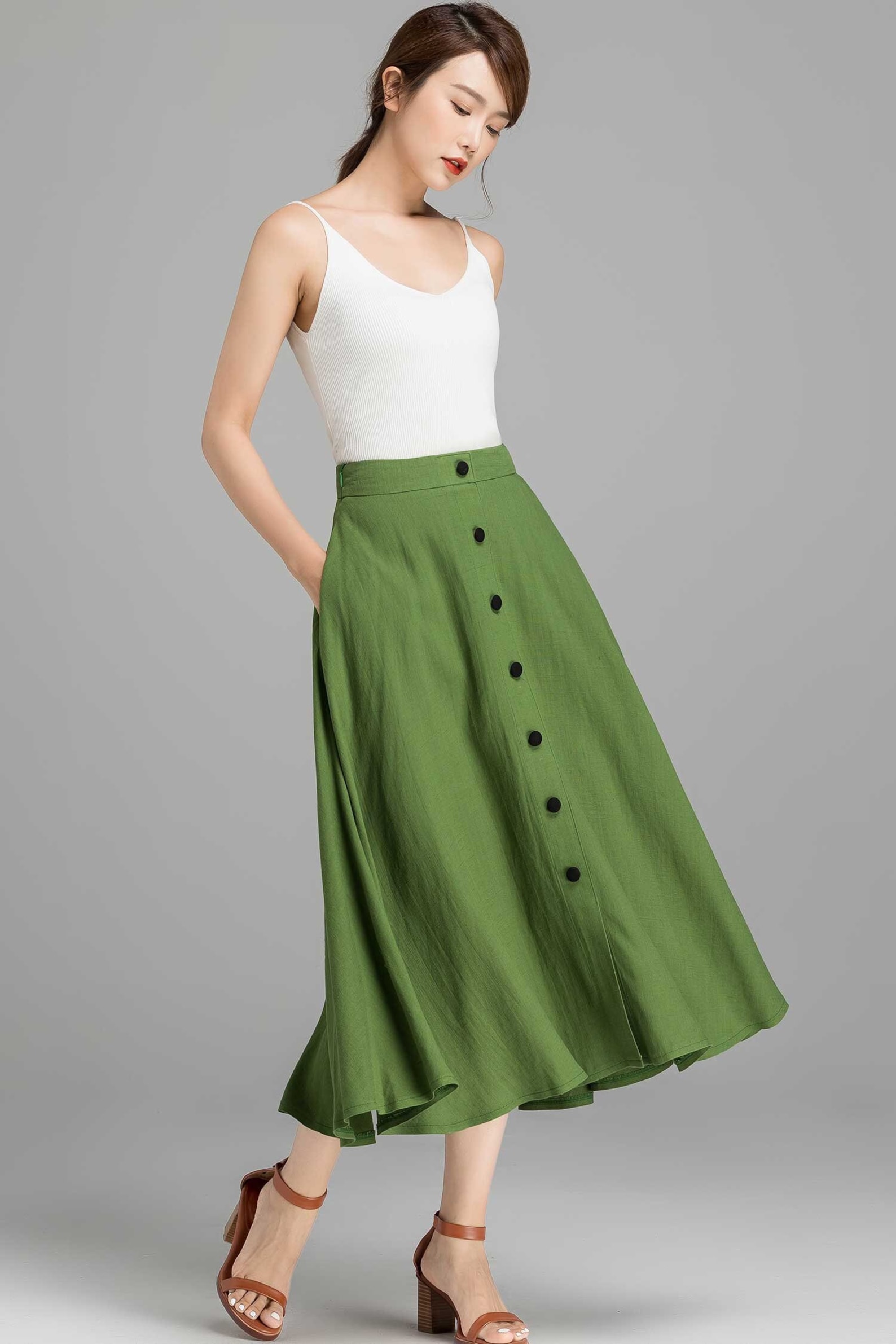 Green High-Waisted Button Midi A-Line Skirt