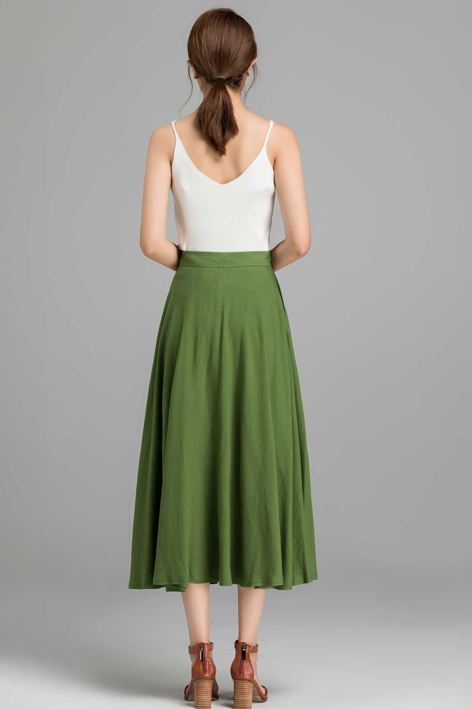 Green High-Waisted Button Midi A-Line Skirt