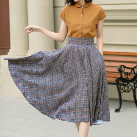 High-Waist Plaid A-Line Midi Skirt