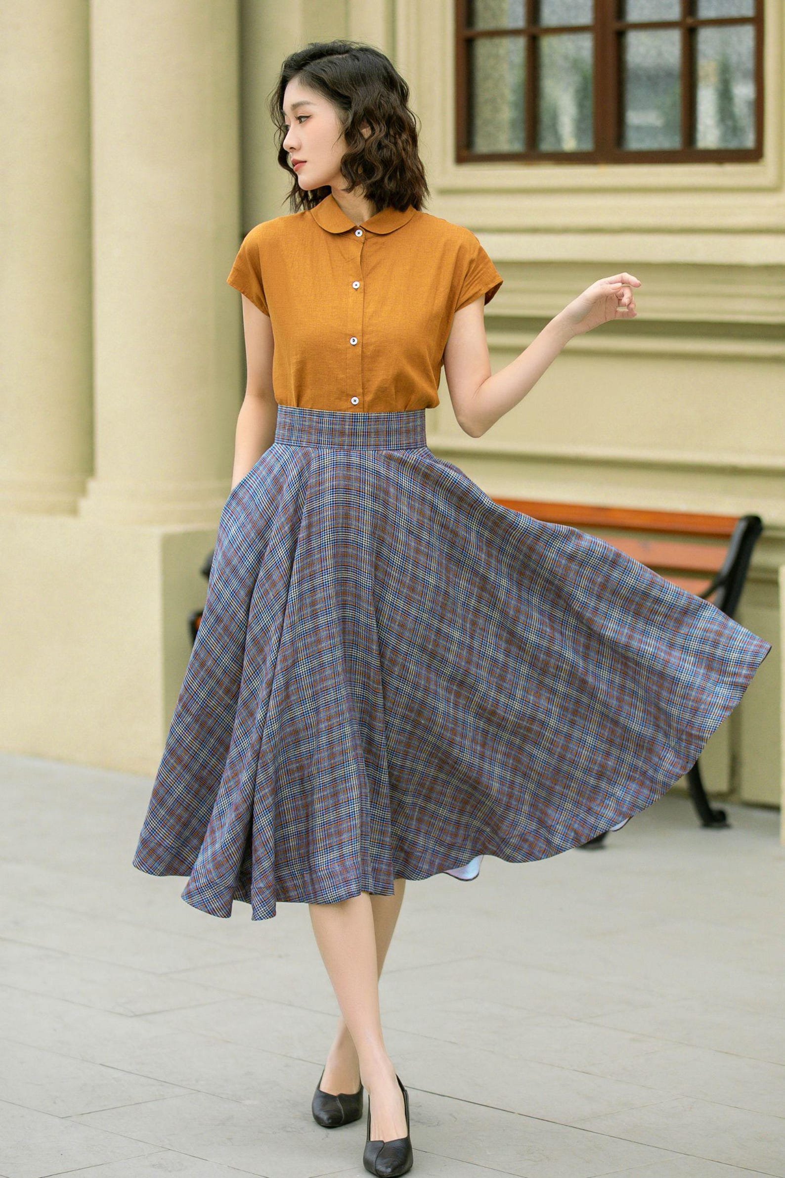 High-Waist Plaid A-Line Midi Skirt