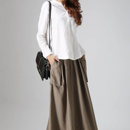 Khaki High-Waisted Maxi A-Line Skirt with Pockets